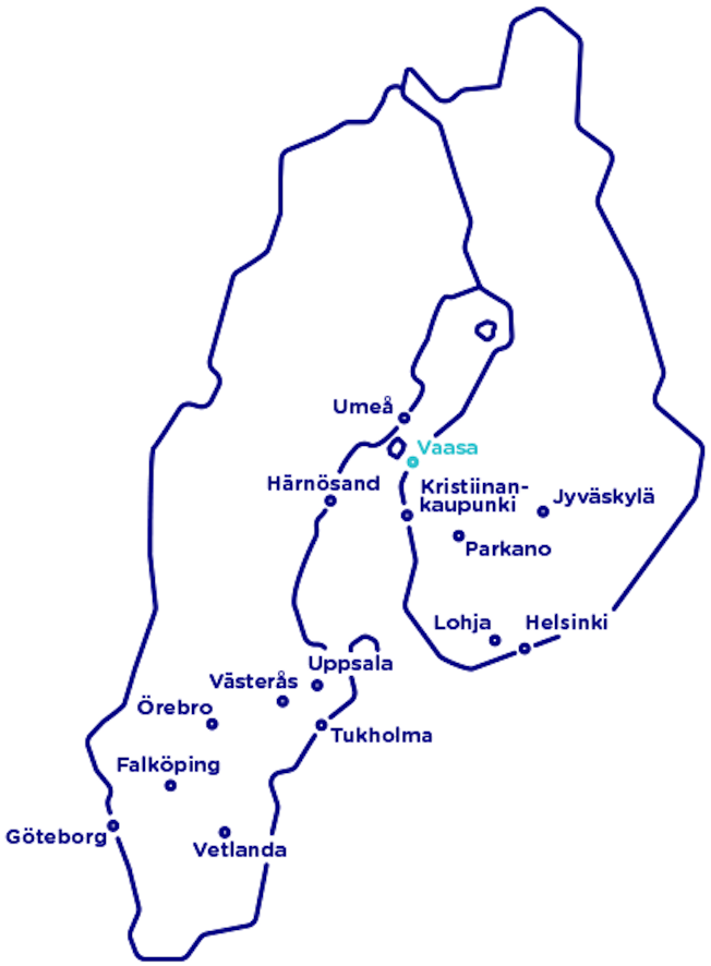 Kartta Vaasankaduista skandinaviassa