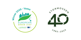 Kaksi logoa vierekkäin: Green Leaf- ja Stormossen-logot