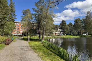 Puistomaisema, jossa kävelypolku kulkee lammen rantaa pitkin. Taustalla on punatiilinen rakennus.