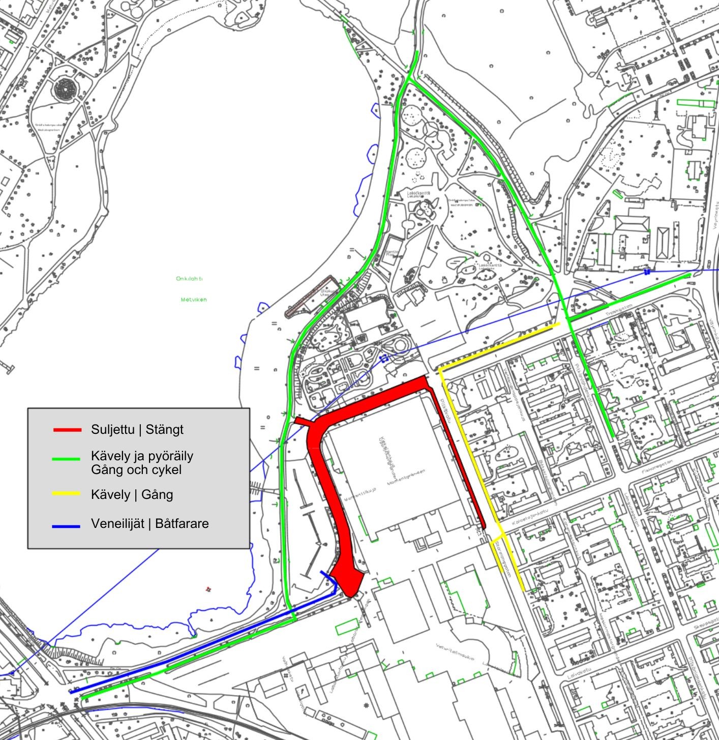 A map with closed street areas and cycling and walking routes marked in different colors.