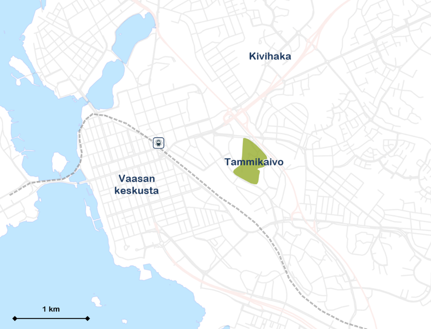 Kartan kuva, jossa on korostettu vihreänä Tammikaivo Vaasan keskustan itäpuolella.