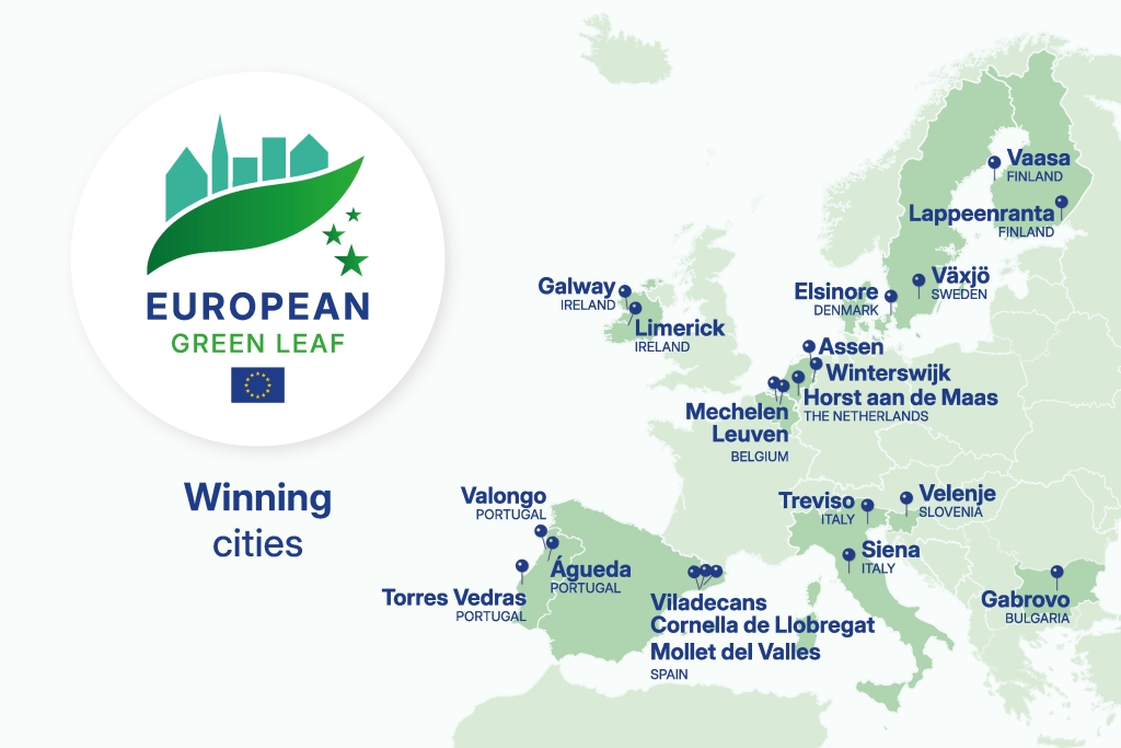 Map showing European Green Leaf winning cities. Cities on the map: Vaasa, Lappeenranta (Finland); Växjö (Sweden); Elsinore (Denmark); Assen, Winterswijk, Horst aan de Maas (Netherlands); Mechelen, Leuven (Belgium); Galway, Limerick (Ireland); Velenje (Slovenia); Treviso, Siena (Italy); Gabrovo (Bulgaria); Viladecans, Cornellà de Llobregat, Mollet del Vallès (Spain); Valongo, Águeda, Torres Vedras (Portugal).