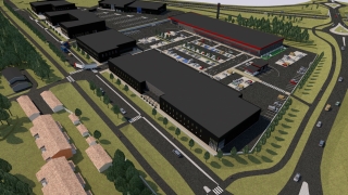 Havainnekuva uudesta liike- ja palvelualueesta, jossa on useita suuria tontteja ja liiketiloiksi suunniteltuja rakennuksia. Alueella on laajat pysäköintialueet, selkeät sisäiset liikennejärjestelyt ja suora yhteys viereiselle pääväylälle. Rakennusten ympärillä on tilaa asiakasliikenteelle, logistiikalle ja mahdolliselle laajentamiselle. Etualalla näkyy asutusta ja taustalla viheralueita.