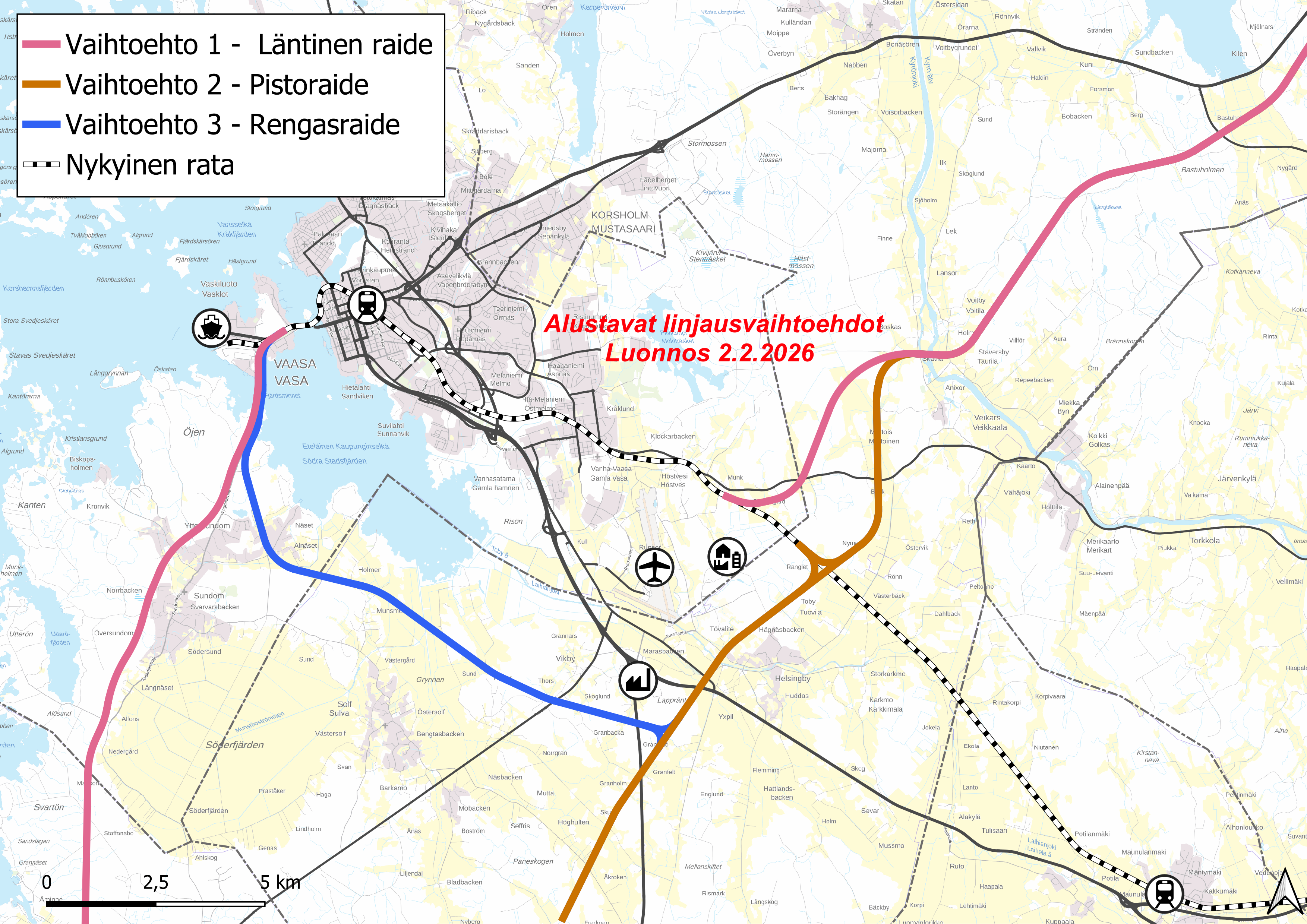 Vaihtoehto 1 “Läntinen raide” tulee Etelästä Vaskiluodon kautta keskustaan, jatkuu keskustasta Höstvedelle asti nykyistä rataa pitkin ja erkanee sitten pohjoiseen. Vaihtoehto 2 “Pistoraide” kulkee Mustasaaren puolella Vaasan ohi rannikon suuntaisesti, mutta tekee nykyistä rataa pitkin piston keskustaan. Vaihtoehto 3 “Rengasraide” tekee piston sijaan lenkin keskustaan Vaskiluodon puolelta ja toisella puolella nykyistä rataa pitkin. Keskellä karttaa on punainen teksti: “Alustavat linjausvaihtoehdot – Luonnos 2.2.2026”.