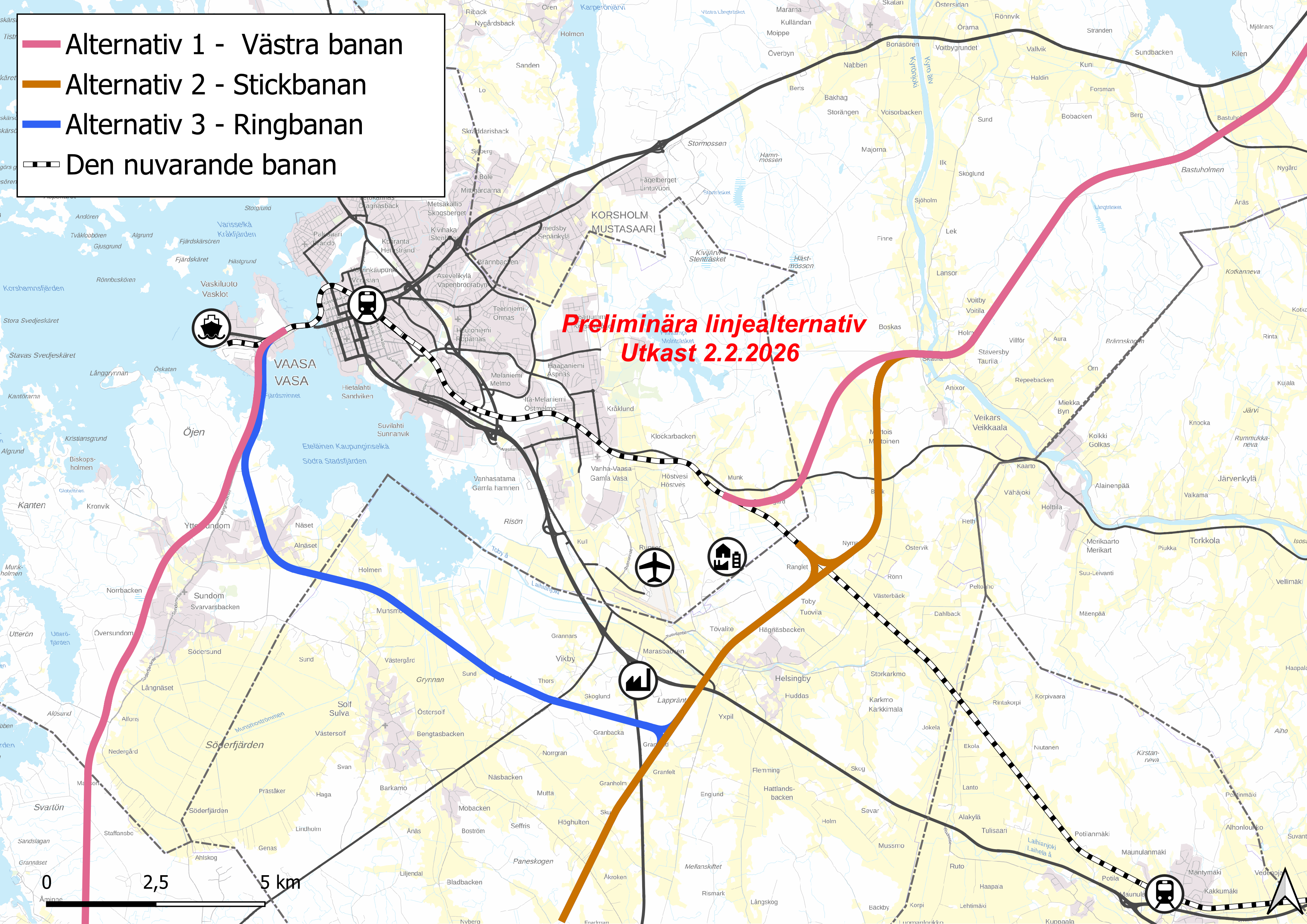 Alternativ 1 ”Västra banan” går från söder via Vasklot till centrum, fortsätter från centrum till Höstves längs den nuvarande banan och förgrenar sig sedan norrut. Alternativ 2 ”Stickbanan” går på Korsholms sida förbi Vasa i linje med kusten, men gör en gren längs den nuvarande banan till centrum. Alternativ 3 ”Ringbanan” gör en slinga till centrum från Vaskilots sida istället för en gren och längs den nuvarande banan på andra sidan. Mitt på kartan finns röd text: ”Preliminära linjealternativ – Utkast 2.2.2026”.