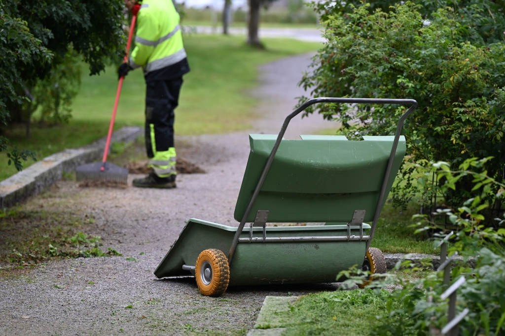 A worker is raking a parkway.