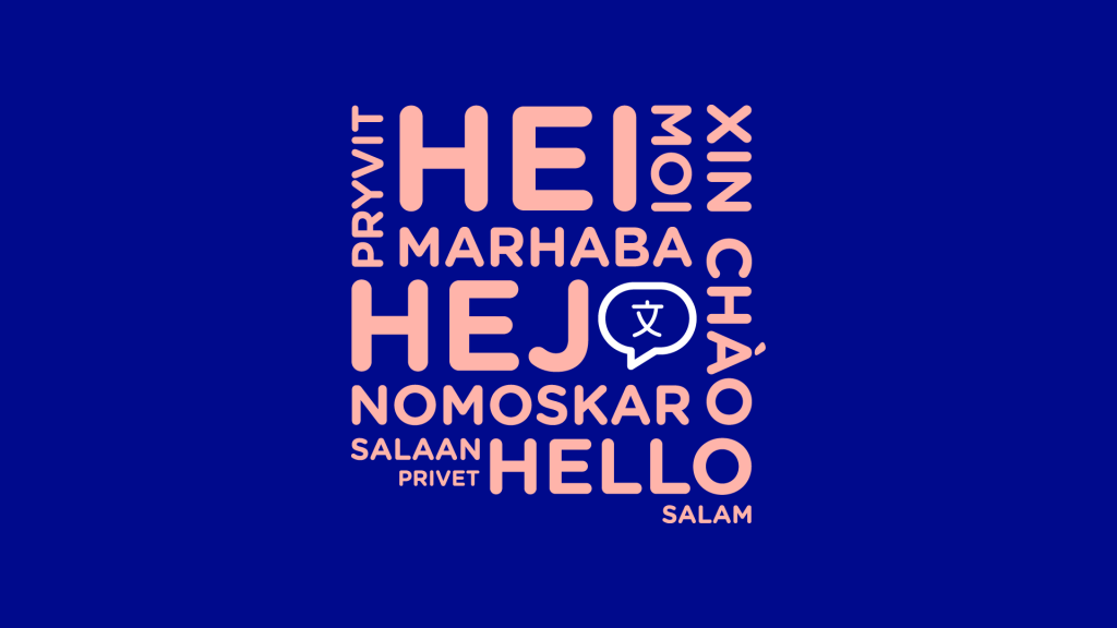 Sanapilvi, jossa on tervehdyksiä eri kielillä.