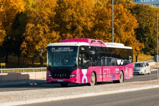 Vaaleanpunainen linja-auto ajaa maantiellä. Takana on lehtipuita ruskan väreissä.