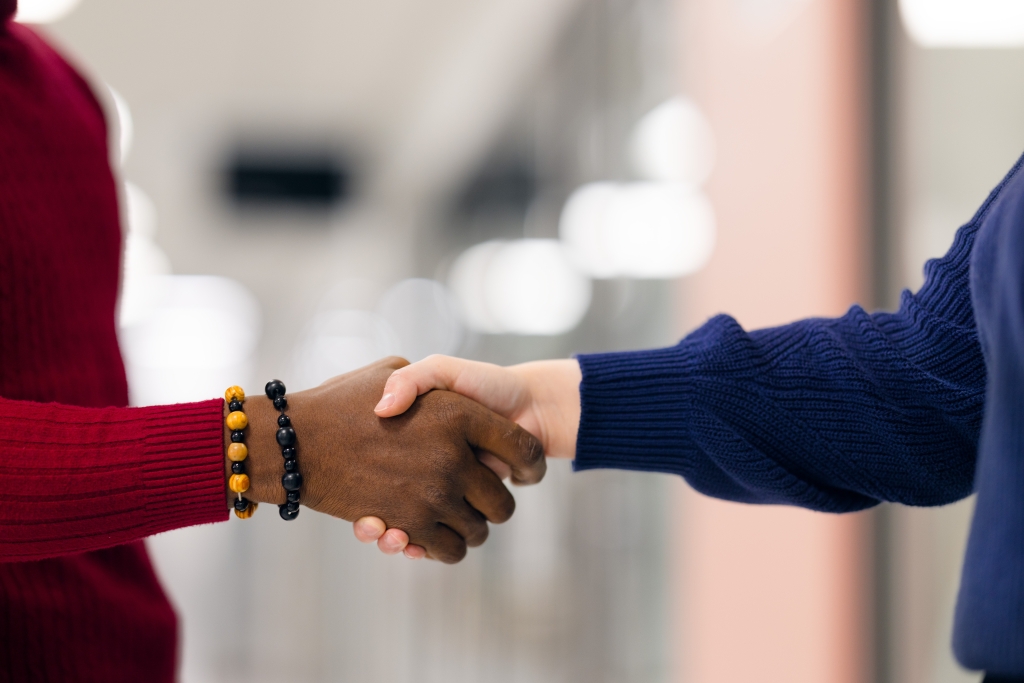 A handshake between two people.