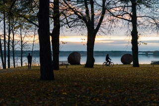 Syksyinen puisto meren rannalla. Pyöräilijä ja kävelijä puiden alla auringonlaskussa.
