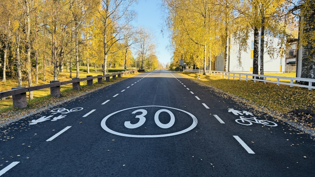 Syksyinen katu, jossa reunoilla pyöräkaistat ja keskellä ajokaista. Suuri 30 km/h nopeusrajoitusmerkintä keskellä asfaltissa.