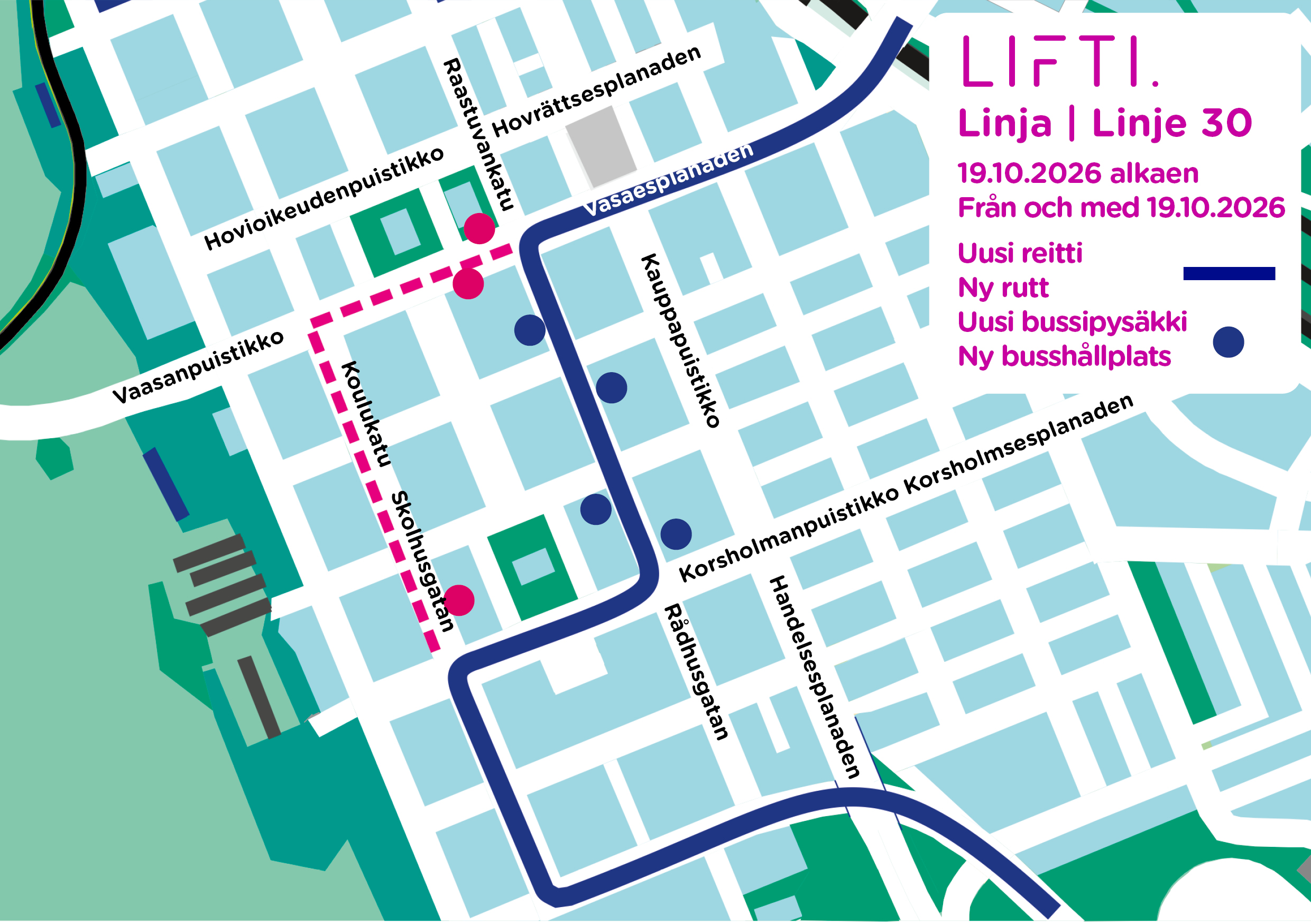 Kartta Lifti-linjan 30 uudesta reitistä 19.10.2026 alkaen keskustan alueella.