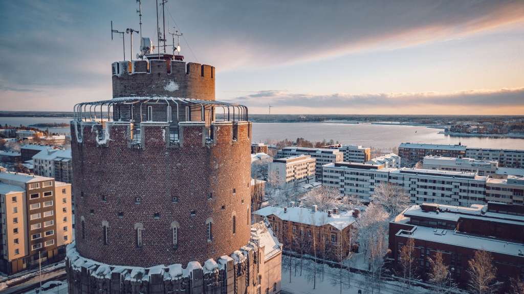 Aerial image of Vaasa water tower in winter