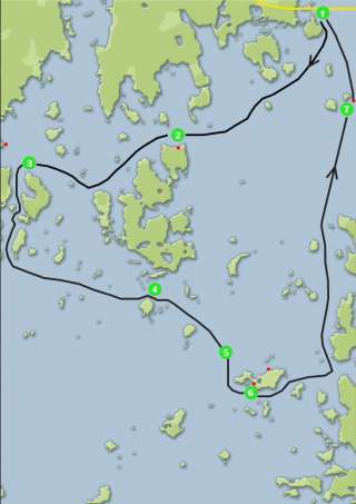Kartta, mihin on merkitty M/S Corinan saaristoristeilyreitti Norra Vallgrundin kautta
