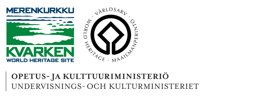 Logos for the Kvarken Archipelago World Heritage area, Unesco and Ministry of Education and Culture.