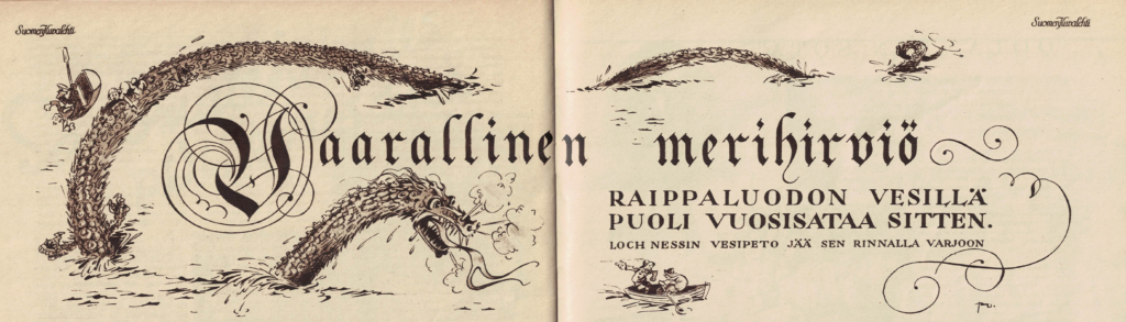 Lehtileike Suomen kuvalehdestä, piirros Raippaluodon merihirviöstä.