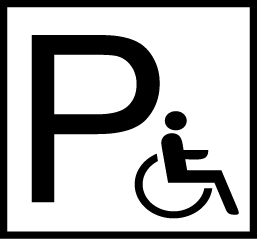 Tillgänglig parkering. Bilden visar en person i rullstol.