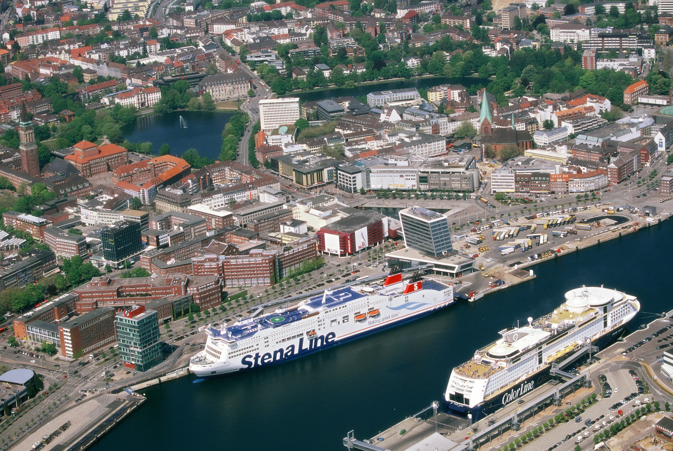 Aerial view of Kiel and the cruise terminals with two cruise ships docking.