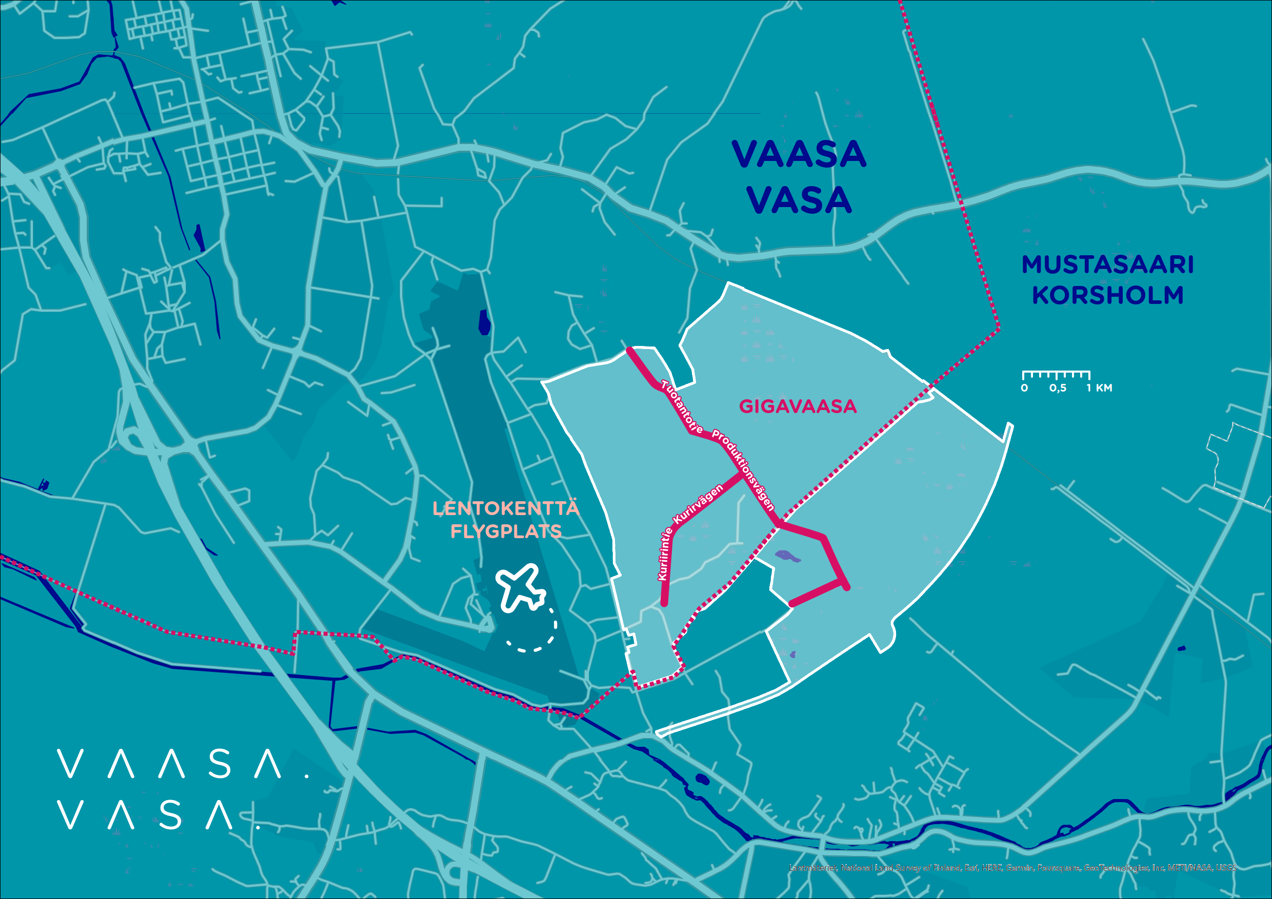 Kartassa merkattu GigaVaasa-alueelle valmistuneet tiet, alueen raja, kuntaraja sekä mittakaava.