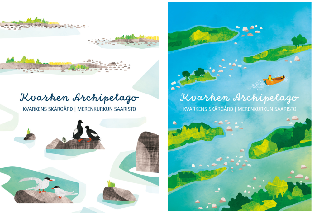 Grafiska bilder från Kvarken med stenar, moränformationer, vatten och fåglar.