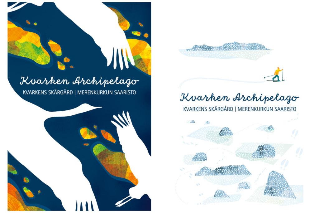 Graafisia kuvituksia Merenkurkun saaristosta, syksy ja talvi. Moreeneja, kiviä, kurkia ja hiihtäjä.