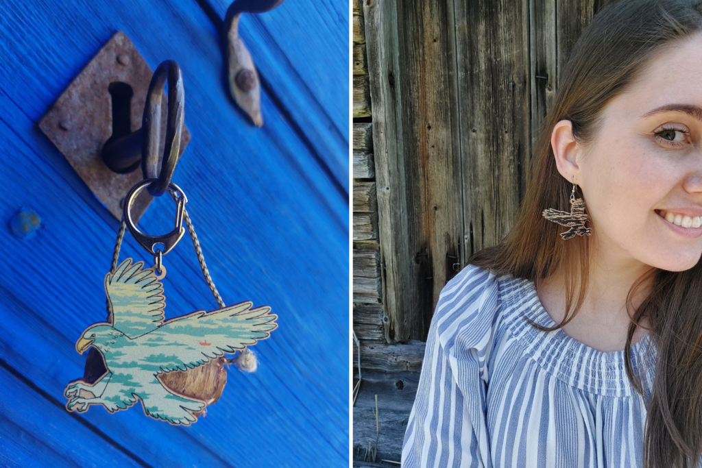 Eagle key ring and earrings of plywood, a woman wearing the earrings.
