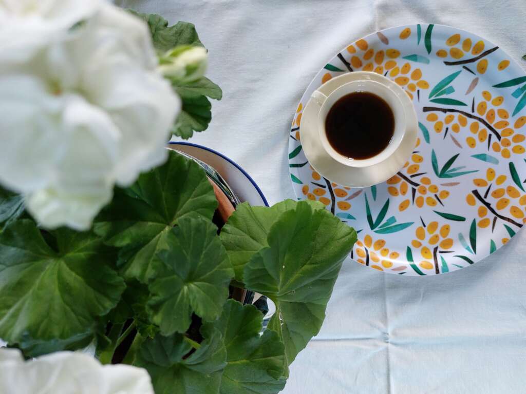 A flower, a cup of coffee on a tray with sea buckthorn motif.