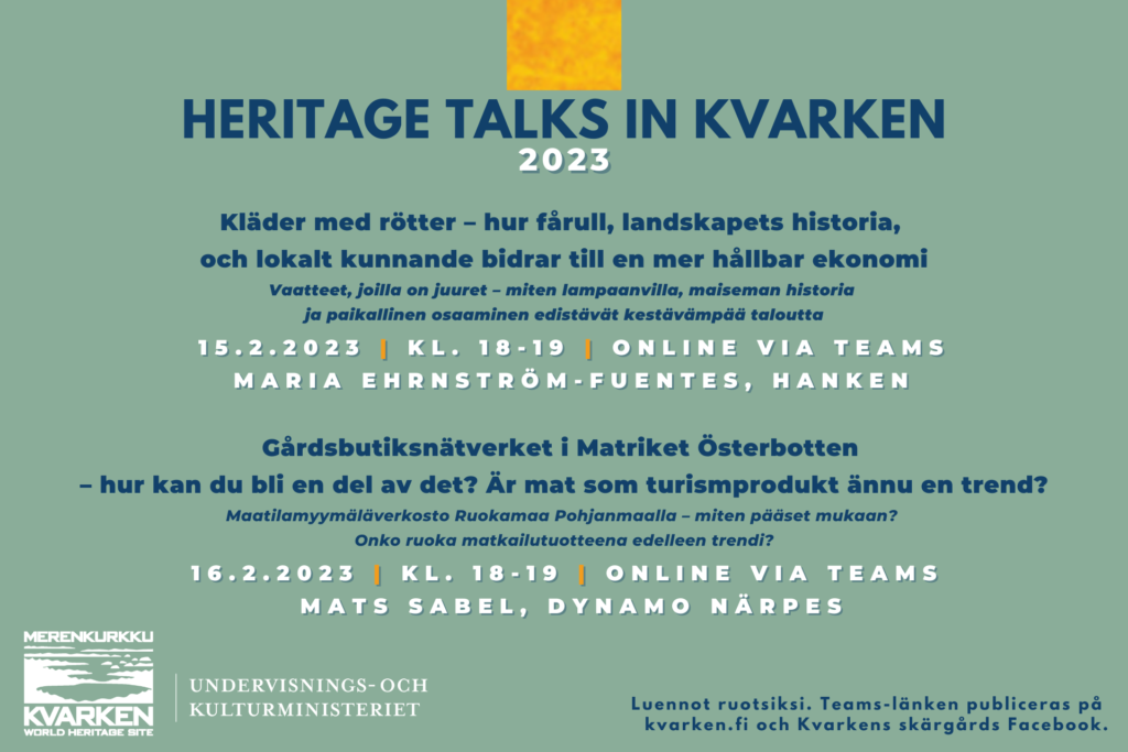 Kuvassa on tekstinä tiivistelmät Heritage Talks in Kvarken 2023 -verkkoluennoista.