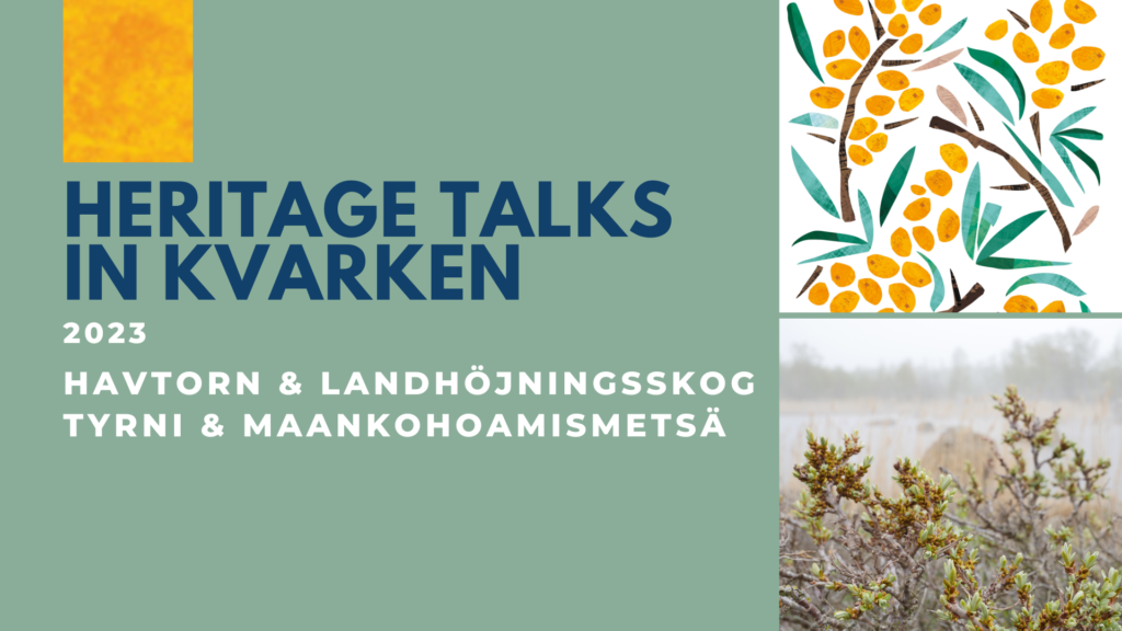 På bilden står texten Heritage Talks in Kvarken 2023 och havtorn och landhöjningsskog.