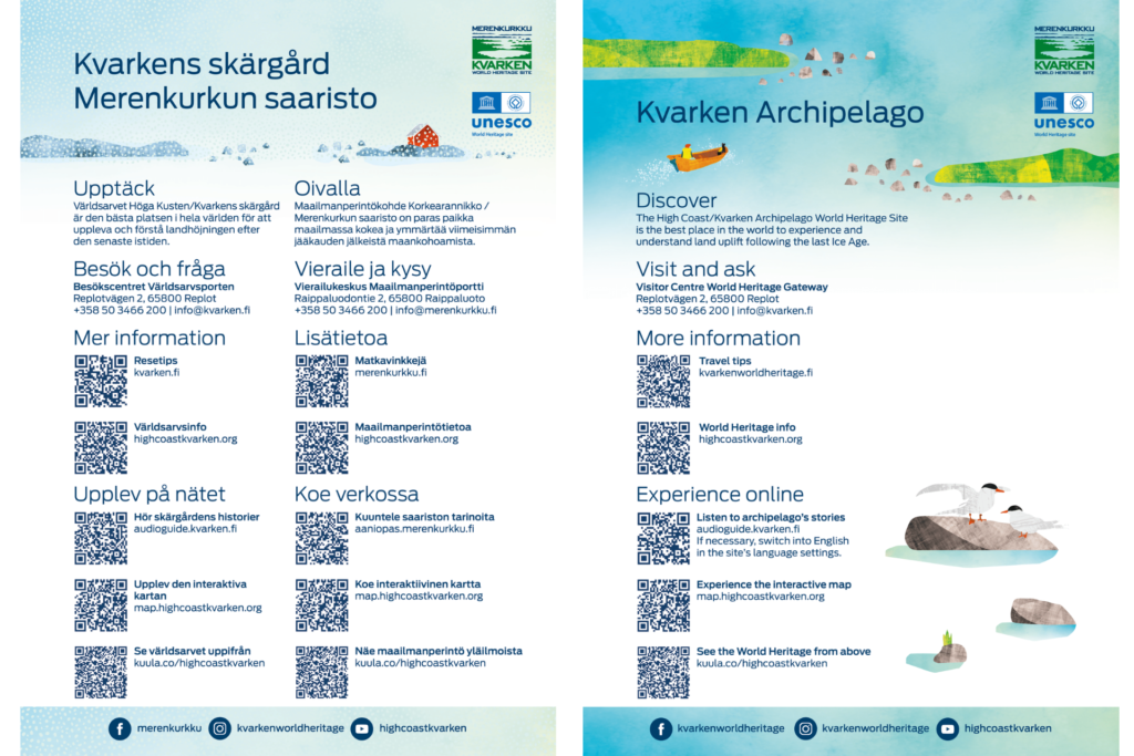 Ett foto av en Kvarken flyer med QR-koder och information om världsarvet på svenska, finska och engelska.