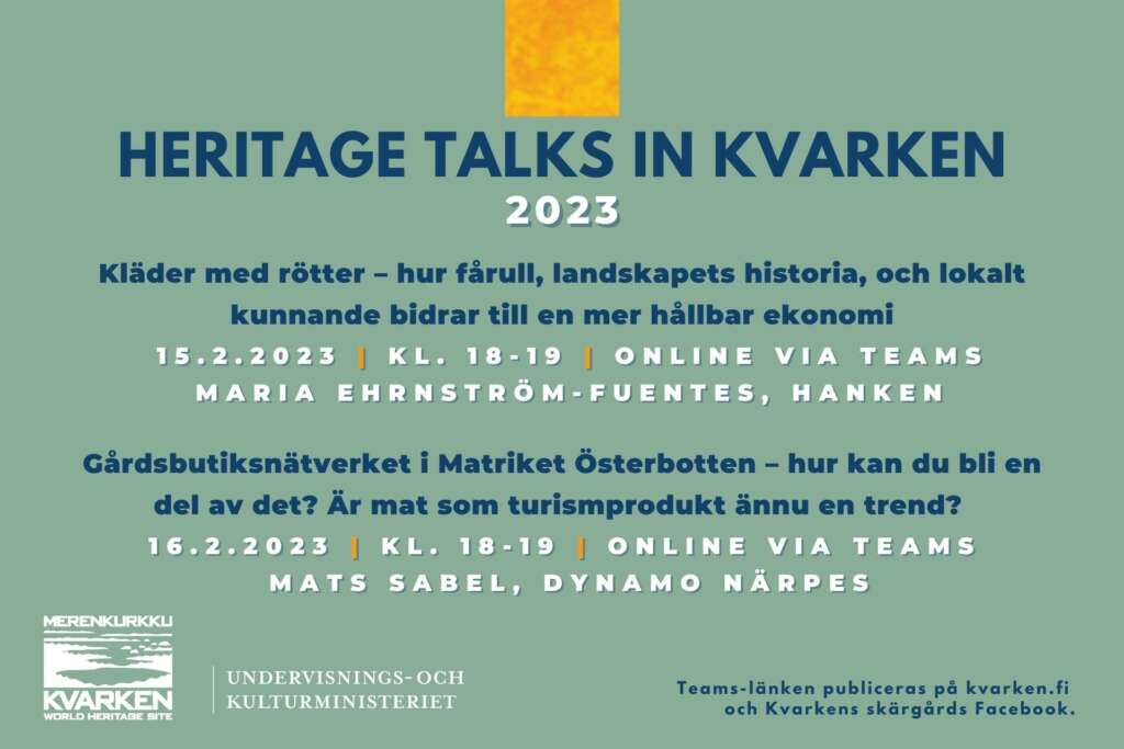 Bilden listar med text de två online föreläsningar Heritage Talks in Kvarken år 2023.