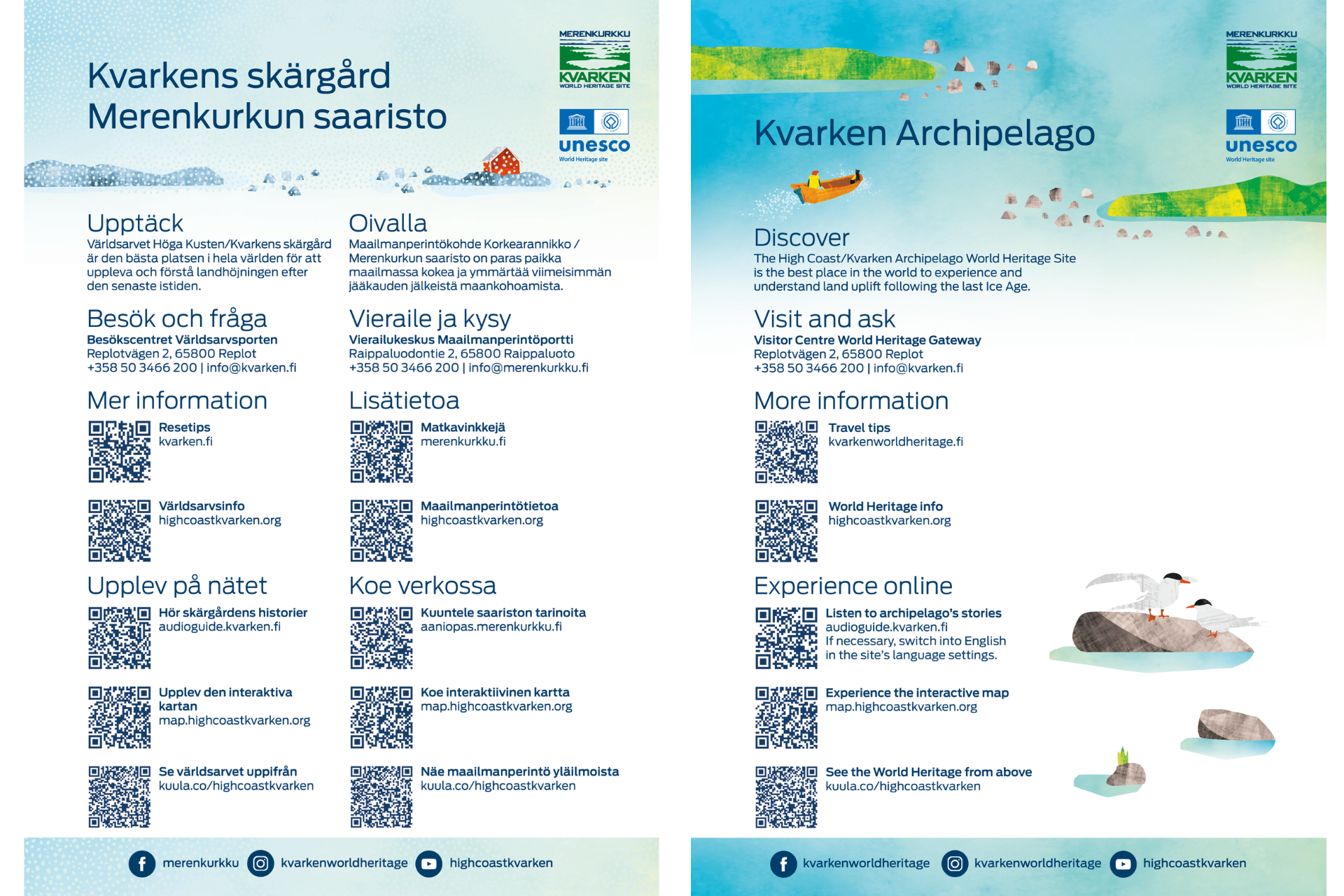 A photo of a Kvarken Archipelago flyer with QR codes and information about the World Heritage Site in Swedish, Finnish and English.